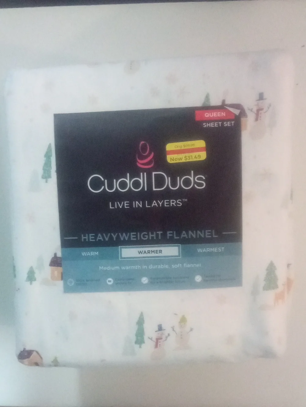 Cuddl Duds Heavyweight Flannel Queen Sheet Set NWT $90 White with Winter Print